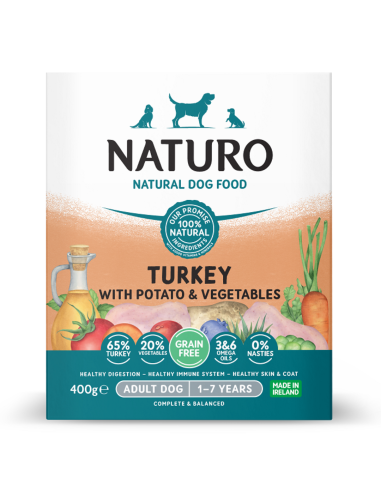 Naturo Dog Δισκάκι Σκύλου Grain Free Με Γαλοπούλα, Πατάτα Και Λαχανικά 400gr