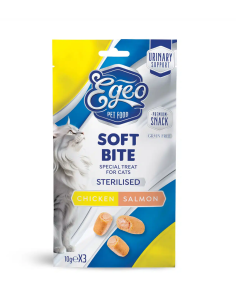 Egeo Adult Soft Bites Λιχουδιά Για Στειρωμένη Γάτα Με Κοτόπουλο Και Σολομό 3τεμ. x 10gr