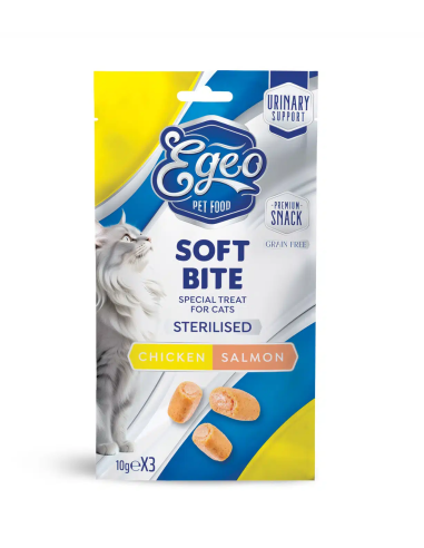 Egeo Adult Soft Bites Λιχουδιά Για Στειρωμένη Γάτα Με Κοτόπουλο Και Σολομό 3τεμ. x 10gr