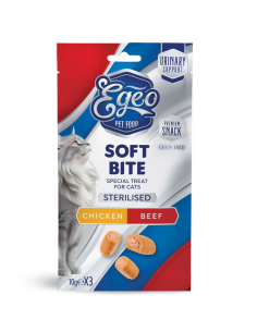 Egeo Adult Soft Bites Λιχουδιά Για Στειρωμένη Γάτα Με Κοτόπουλο Και Βοδινό 3τεμ. x 10gr