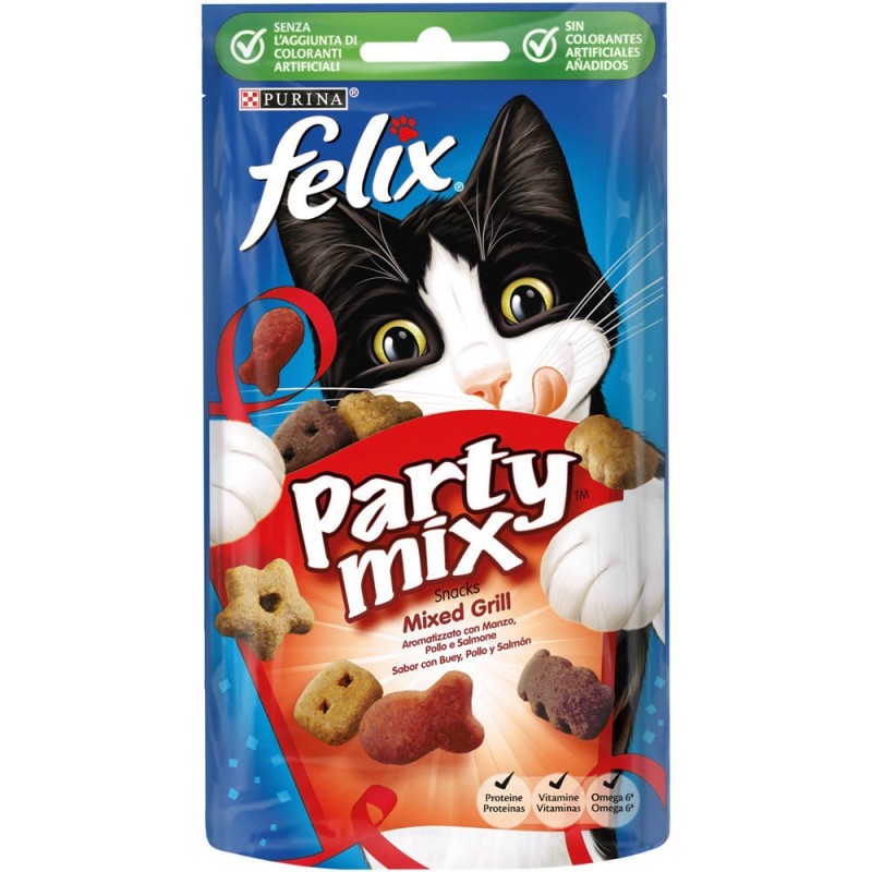 Felix Party Mix Mixed Grill Σνακ Γάτας Με Βοδινό, Κοτόπουλο Και Σολομό 60gr