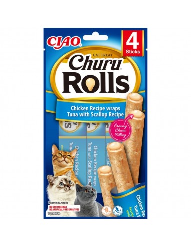 Ciao Churu Rolls Σνακ Γάτας Με Κοτόπουλο, Τόνο Και Χτένι 4x10gr