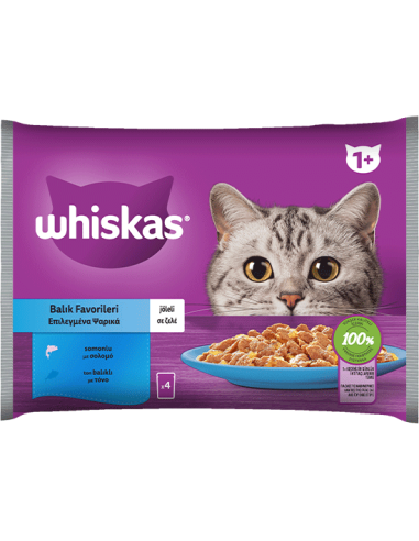 Whiskas Core Φακελάκι Ενήλικης Γάτας Επιλεγμένα Ψαρικά Με Σολομό-Τόνο Σε Ζελέ 4x85gr