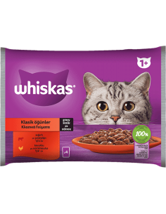 Whiskas Core Φακελάκι Ενήλικης Γάτας Κλασικά Γεύματα Με Μοσχάρι-Κοτόπουλο Σε Σάλτσα 4x85gr