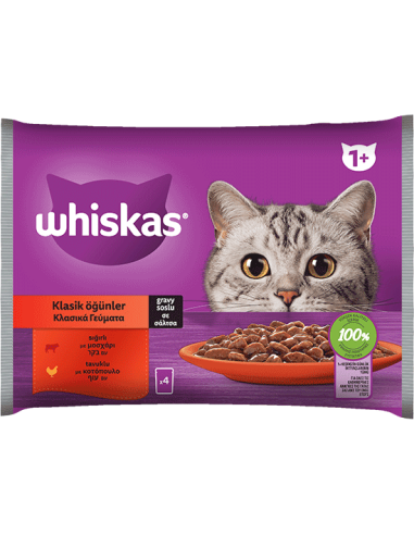 Whiskas Core Φακελάκι Ενήλικης Γάτας Κλασικά Γεύματα Με Μοσχάρι-Κοτόπουλο Σε Σάλτσα 4x85gr