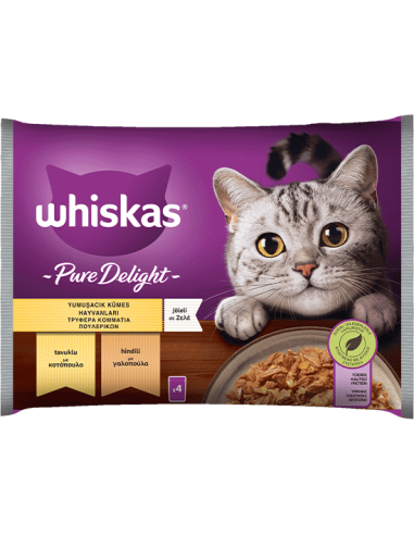 Whiskas Pure Delight Φακελάκι Ενήλικης Γάτας Τρυφερά Κομμάτια Πουλερικών Με Κοτ.-Γαλ. Σε Ζελέ 4x85gr