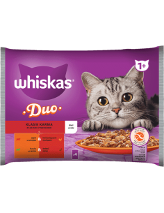 Whiskas Duo Φακελάκι Ενήλικης Γάτας Κλασικοί Συνδυασμοί Με Μοσχάρι, Πουλερικά/Αρνάκι Και Πάπια Σε Ζελέ 4x85gr