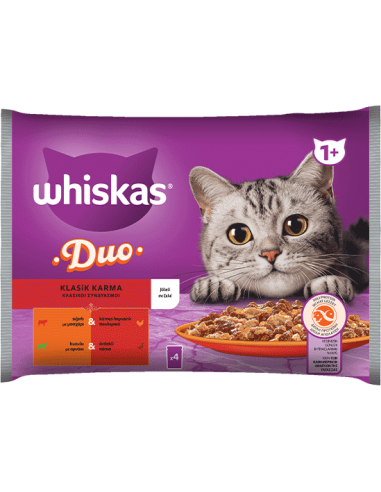 Whiskas Duo Φακελάκι Ενήλικης Γάτας Κλασικοί Συνδυασμοί Με Μοσχάρι, Πουλερικά/Αρνάκι Και Πάπια Σε Ζελέ 4x85gr