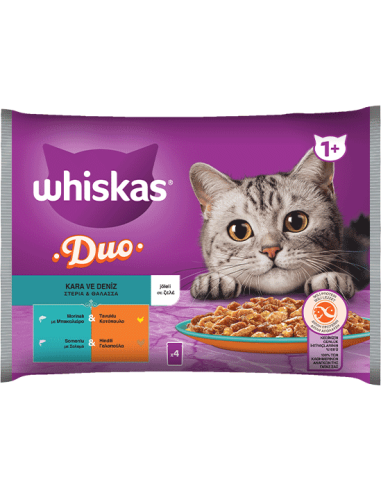 Whiskas Duo Φακελάκι Ενήλικης Γάτας Στεριά & Θάλασσα Με Μπακαλιάρο-Κοτόπουλο/Σολομό-Γαλοπούλα Σε Ζελέ 4x85gr